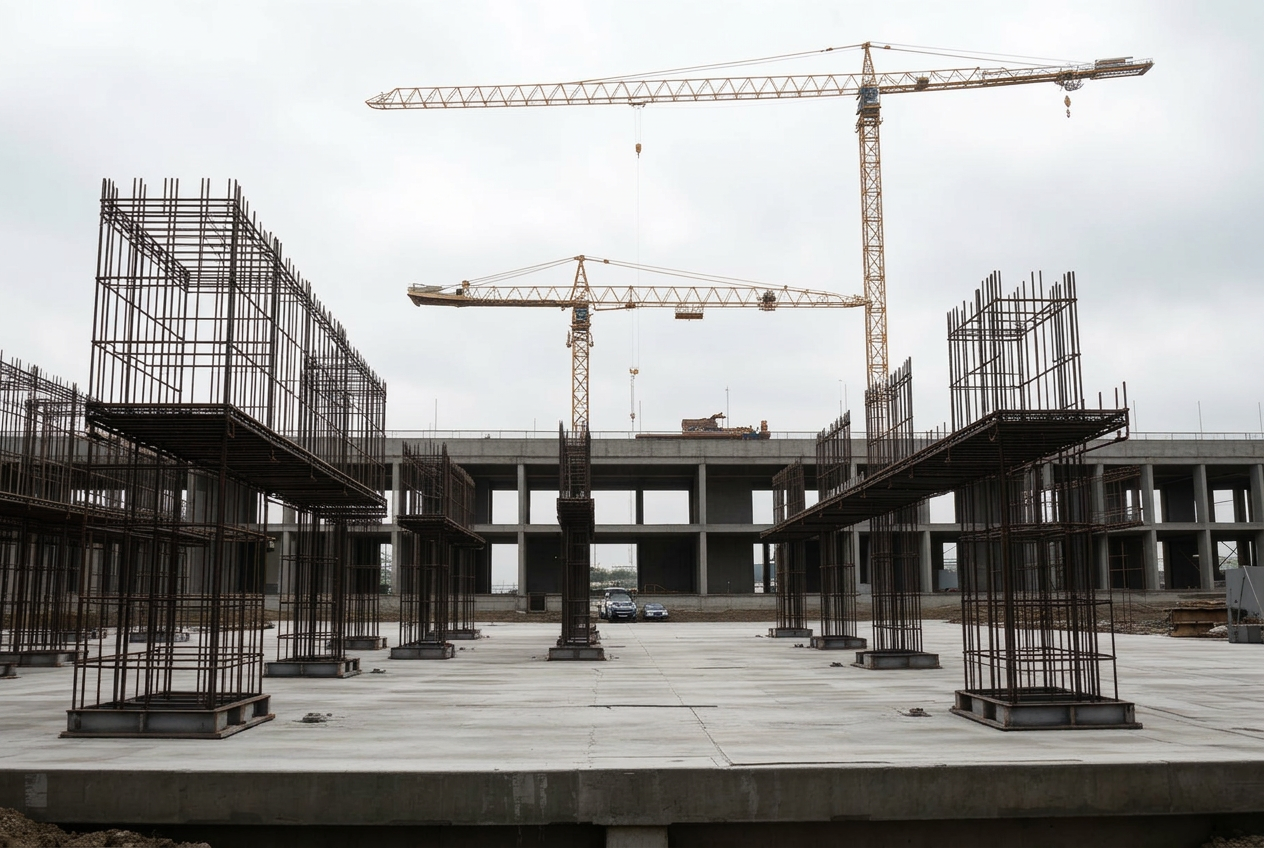 Armação montada de fundações e pilares em obra de galpão industrial