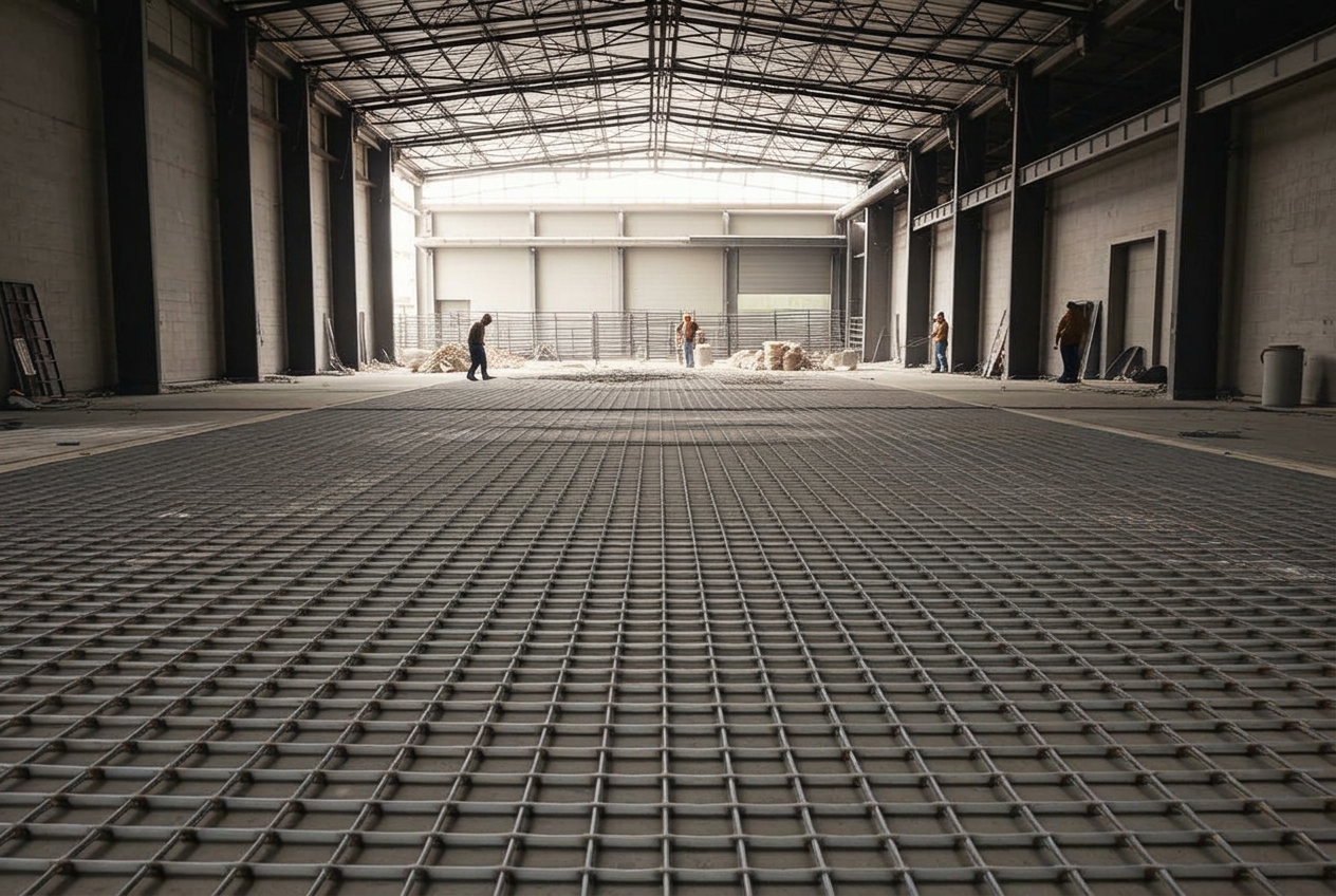 Tela soldada aplicada em laje de piso industrial de concreto
